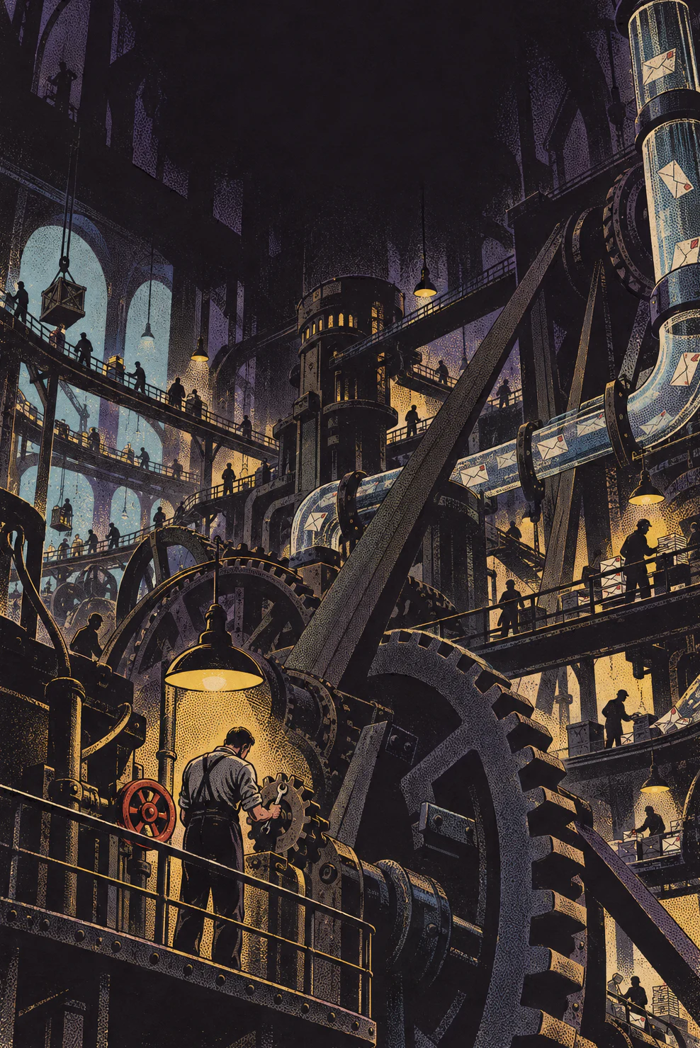 A vast machine hall of gears and pneumatic tubes carrying envelopes. Far below, one small figure fits a gear under a single lamp.