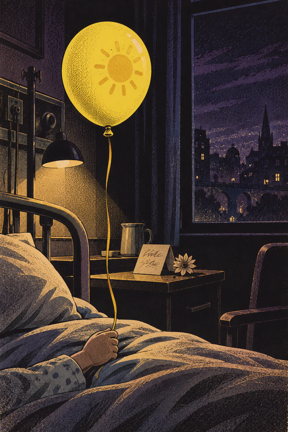 A quiet room at night. A small hand holds the ribbon of one bright yellow balloon. A handwritten card sits on the bedside table.