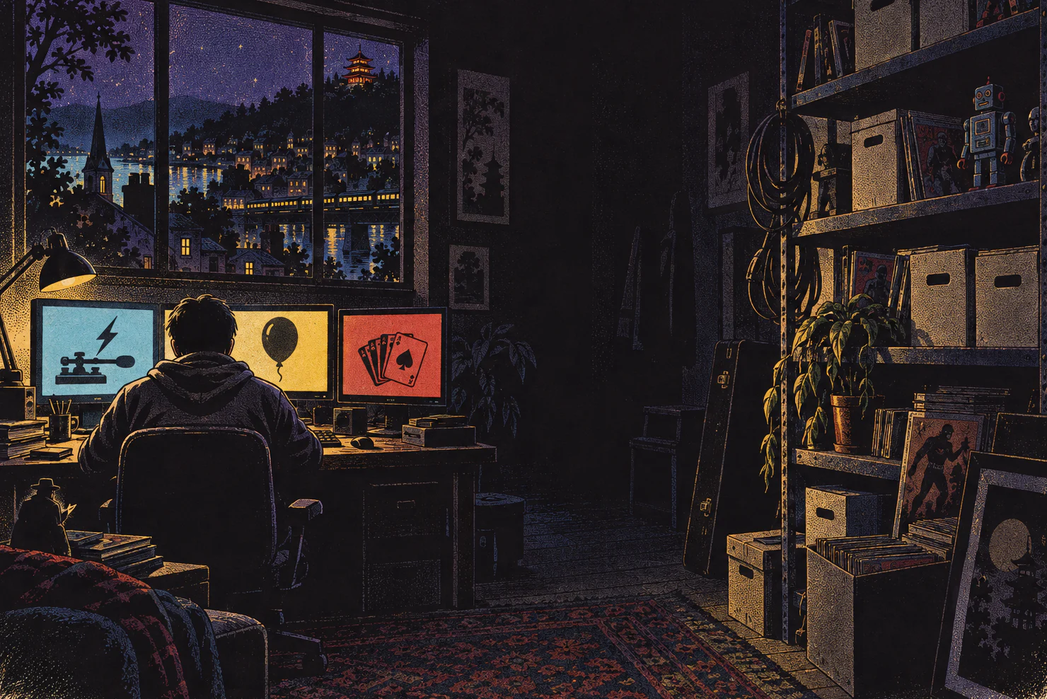 A home office at night seen from across the room: a man at three monitors, shelves of boxes and cables behind him, the city through the window.